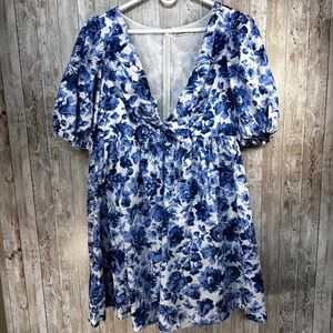 Abercrombie & Fitch Blue Floral Mini Dress Womens Puff Sleeve‎ Tie Front LT